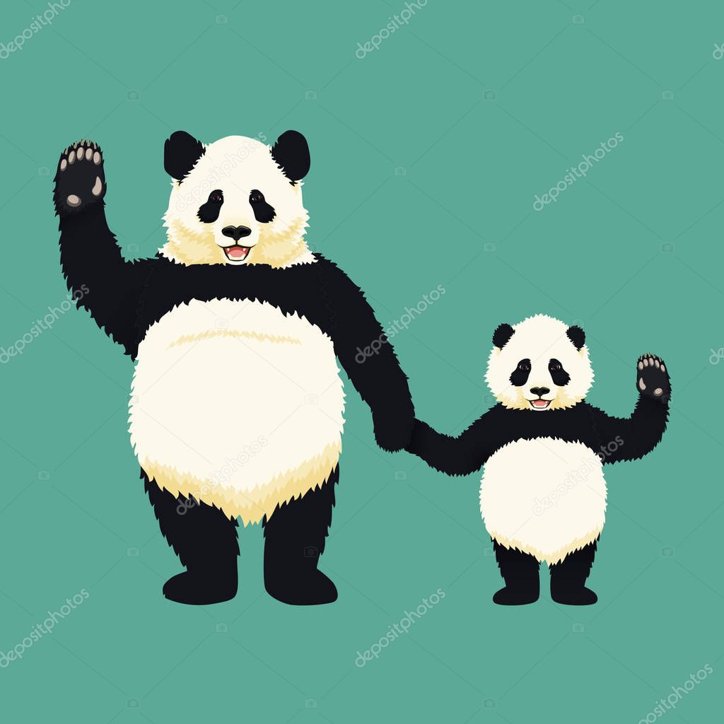 Adult giant panda and baby panda standing holding hands and waving.
