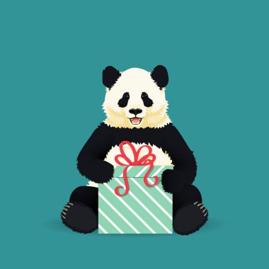 Gülümseyen dev panda bir hediye tutarak oturuyor .