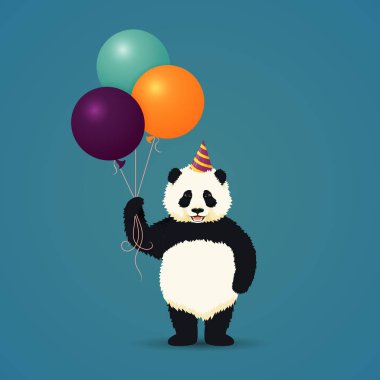 Gülümseyen bebek panda üç balon tutan arka ayakları üzerinde duran.