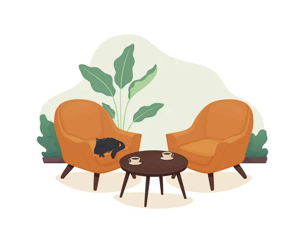 디자인 오렌지 의자에 고양이가 테이블에는 식물이 커피두 배경에 있습니다 일러스트 — 스톡 벡터