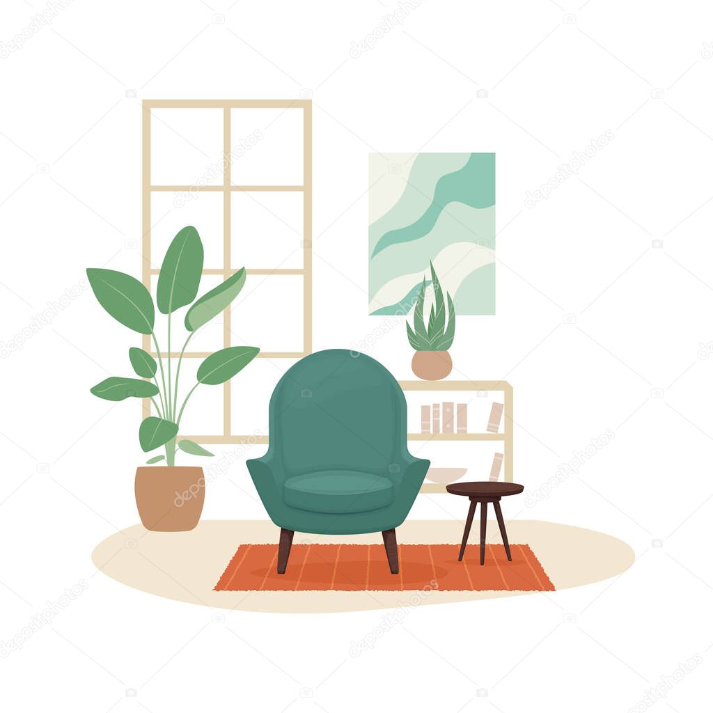 Living Room Interior Design Cozy Armchair With A Side Table On A Rug Bookshelf With Books Potted Plants Abstract Painting And A Paned Window In The Background Vector Illustration Premium Vector