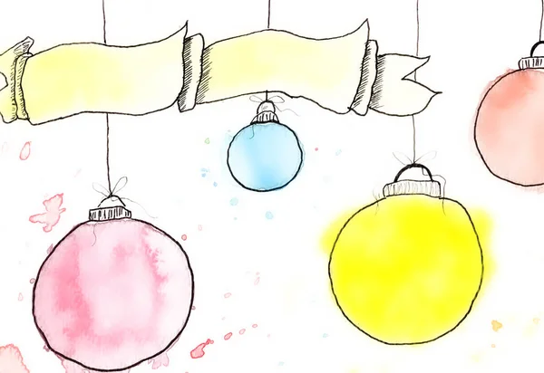 Ribbon and christmas balls in watercolor in a christmas card — Stock Photo, Image