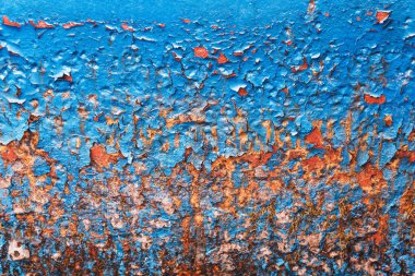 Mavi boyalı metal pas doku ile. Kırmızı boya, mavi rusty. Benzersiz eski arka plan, kopya alanı ile yüzey. Pas doku ile eski mavi boyalı duvar. Grunge paslı metal arka plan. Pas lekeleri.