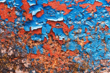 Mavi boyalı metal pas doku ile. Kırmızı boya, mavi rusty. Benzersiz eski arka plan, kopya alanı ile yüzey. Pas doku ile eski mavi boyalı duvar. Grunge paslı metal arka plan. Pas lekeleri.