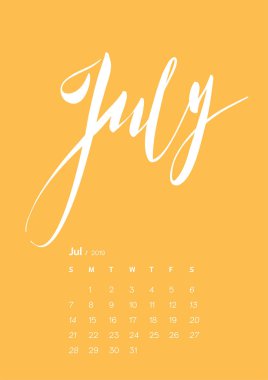 2019 için yazı takvim. A4 formatında. Bir ay. Yaz. Temmuz