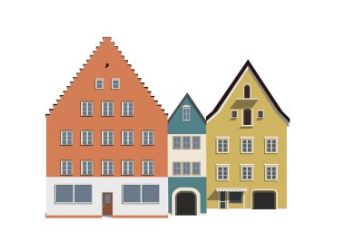 Beyaz izole retro turuncu, mavi, sarı Avrupa binalar. Vektör görüntü