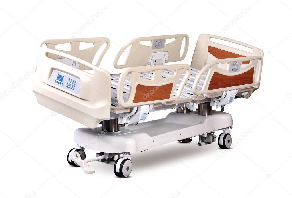 Mobile Hospital Bed under the white background.Medical Equipment.Technology of medical and hospital services. image for background, objects, copy space, illustration.
