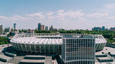 Olimpiyat Stadı. 5 Nisan 2018. Kiev. Ukrayna. Havadan görünümü Olimpiyat MGK. Şampiyonlar Ligi. Futbol Sahası.