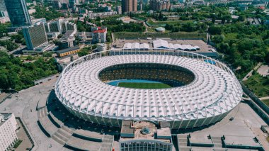 Olimpiyat Stadı. 5 Nisan 2018. Kiev. Ukrayna. Havadan görünümü Olimpiyat MGK. Şampiyonlar Ligi. Futbol Sahası.