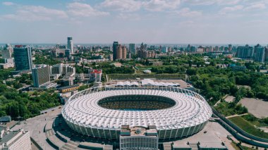 Olimpiyat Stadı. 5 Nisan 2018. Kiev. Ukrayna. Havadan görünümü Olimpiyat MGK. Şampiyonlar Ligi. Futbol Sahası.