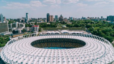 Olimpiyat Stadı. 5 Nisan 2018. Kiev. Ukrayna. Havadan görünümü Olimpiyat MGK. Şampiyonlar Ligi. Futbol Sahası.