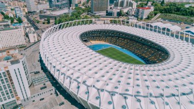 Olimpiyat Stadı. 5 Nisan 2018. Kiev. Ukrayna. Havadan görünümü Olimpiyat MGK. Şampiyonlar Ligi. Futbol Sahası.