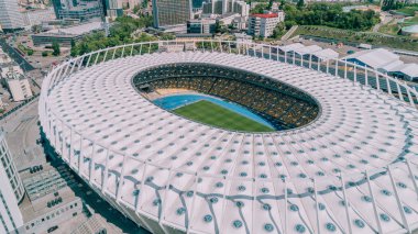 Olimpiyat Stadı. 5 Nisan 2018. Kiev. Ukrayna. Havadan görünümü Olimpiyat MGK. Şampiyonlar Ligi. Futbol Sahası.