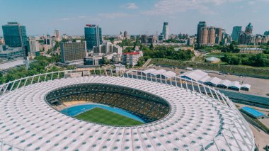 Olimpiyat Stadı. 5 Nisan 2018. Kiev. Ukrayna. Havadan görünümü Olimpiyat MGK. Şampiyonlar Ligi. Futbol Sahası.