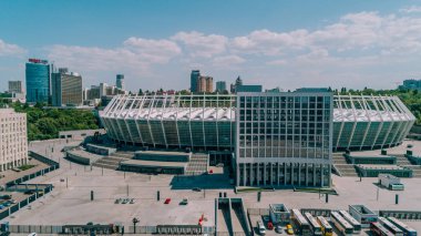 Olimpiyat Stadı. 5 Nisan 2018. Kiev. Ukrayna. Havadan görünümü Olimpiyat MGK. Şampiyonlar Ligi. Futbol Sahası.