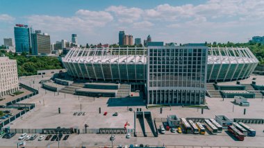 Olimpiyat Stadı. 5 Nisan 2018. Kiev. Ukrayna. Havadan görünümü Olimpiyat MGK. Şampiyonlar Ligi. Futbol Sahası.