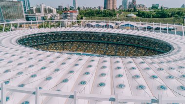 Olimpiyat Stadı. 5 Nisan 2018. Kiev. Ukrayna. Havadan görünümü Olimpiyat MGK. Şampiyonlar Ligi. Futbol Sahası.