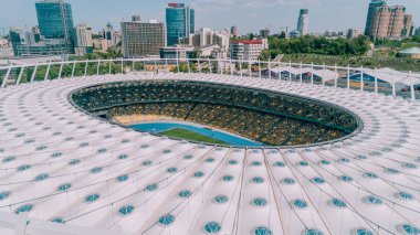 Olimpiyat Stadı. 5 Nisan 2018. Kiev. Ukrayna. Havadan görünümü Olimpiyat MGK. Şampiyonlar Ligi. Futbol Sahası.