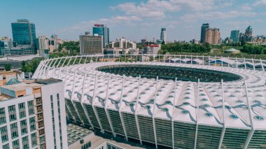 Olimpiyat Stadı. 5 Nisan 2018. Kiev. Ukrayna. Havadan görünümü Olimpiyat MGK. Şampiyonlar Ligi. Futbol Sahası.