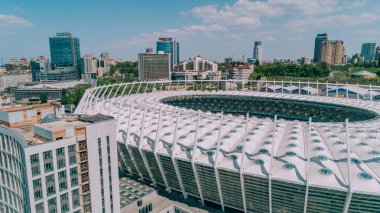 Olimpiyat Stadı. 5 Nisan 2018. Kiev. Ukrayna. Havadan görünümü Olimpiyat MGK. Şampiyonlar Ligi. Futbol Sahası.