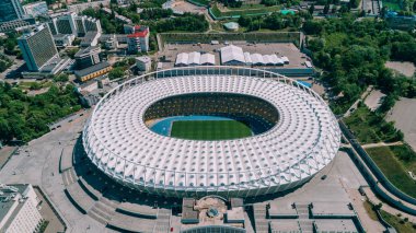 Olimpiyat Stadı. 5 Nisan 2018. Kiev. Ukrayna. Havadan görünümü Olimpiyat MGK. Şampiyonlar Ligi. Futbol Sahası.