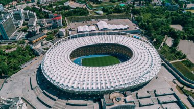 Olimpiyat Stadı. 5 Nisan 2018. Kiev. Ukrayna. Havadan görünümü Olimpiyat MGK. Şampiyonlar Ligi. Futbol Sahası.