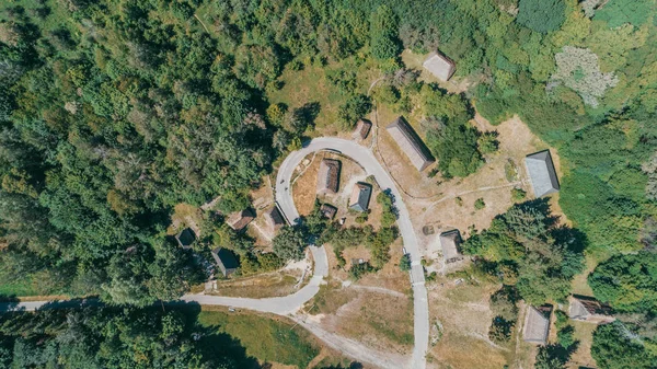 Aerial View Old Houses Forest Green Trees Road Ukraine — Stock Photo, Image