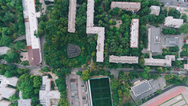 Aerial view of buildings. Trees. Summer.