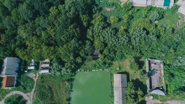 Aerial View Small Lake Trees Summer Abandoned Factory — Stock Photo, Image