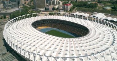 Olimpiyat Stadı. 4 Mayıs 2018. Kiev (Kiev). Ukrayna. Havadan görünümü Olimpiyat MGK. Şampiyonlar Ligi. Futbol Dünya Kupası. Futbol sahası.