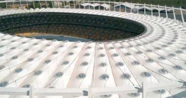 Olimpiyat Stadı. 4 Mayıs 2018. Kiev (Kiev). Ukrayna. Havadan görünümü Olimpiyat MGK. Şampiyonlar Ligi. Futbol Dünya Kupası. Futbol sahası.