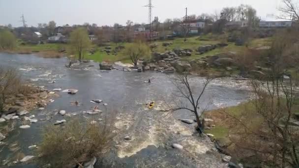 Cestování Kajak Letecký Pohled Řece Ros Kameny Příroda Ukrajina — Stock video