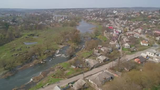 Flygfoto Över Floden Ros Mycket Vacker Natur Husen Byn Ukraina — Stockvideo