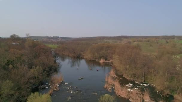 River Ros April 2018 Deshki Ukraine Traveling Kayaks Sup Aerial — Stock Video