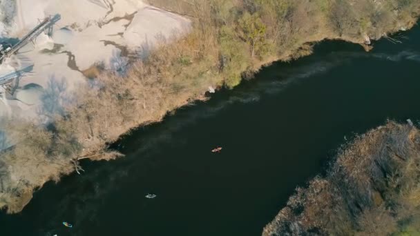 Traveling Kayaks Aerial View Lake Nature Flow Trees Spring Ukraine — Stock Video