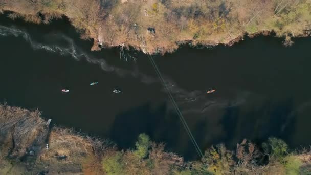 Traveling Kayaks Aerial View Lake Nature Flow Trees Spring Ukraine — Stock Video
