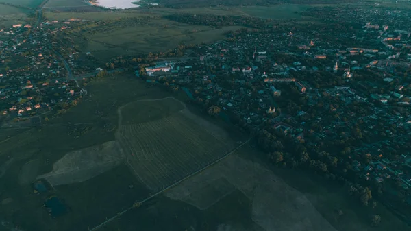 Aerial View Village Building Field Sunset Ukraine — Stock Photo, Image