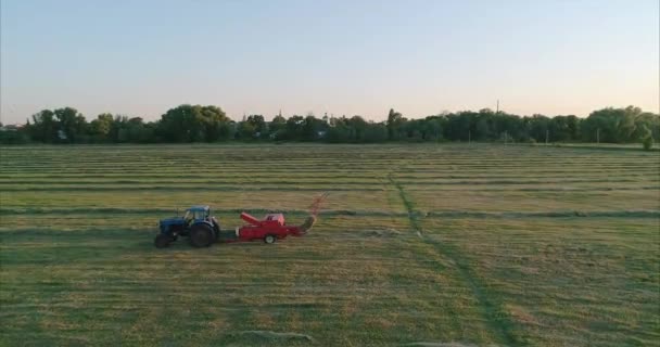 Letecký Pohled Traktoru Poli Hay Grass Dobrý Večer Západ Slunce — Stock video