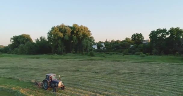 Vista Aérea Del Tractor Campo Hay Hierba Buenas Tardes Puesta — Vídeos de Stock