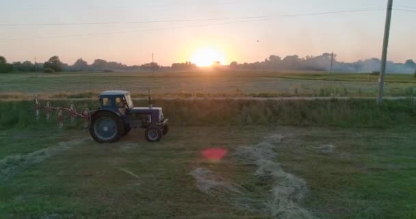 Luftaufnahme Des Traktors Auf Dem Feld Heu Gras Abend Sonnenuntergang — Stockvideo