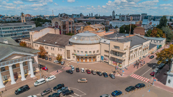 Musical Theatre. August 8, 2018. Kiev. Ukraine. Aerial view of the buildings of the musical theater. Education. Cars. Road. Contract area.