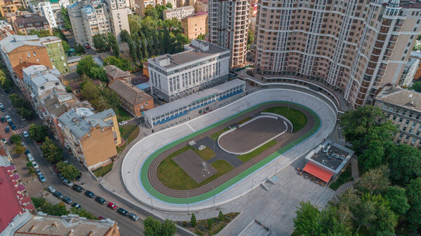 The Kiev Cycling Track. August 8, 2018. Kyiv. Ukraine. Aerial view of the cycle track. Sport.