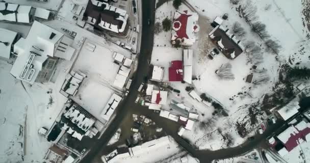Aerial View Road Mountains Cars Coming Snow Winter Building Bukovel — Stock Video