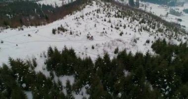 Karpatlar. 5 Mart 2018. Bukovel. Ukrayna. Bir grup insan bir dağda duruyor. Havadan görünümü. Kar. Kış.