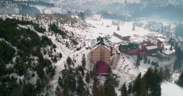 Aerial View House Mountains Carpathians Snow Winter Bukovel Ukraine — Stock Video