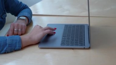 Cafe 'de dizüstü bilgisayarda çalışan kadın..