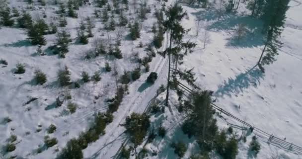 Quad Bike Two Guys Riding Snow Mountains Aerial View Carpathians — Stock Video