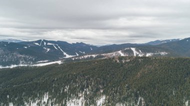 Havadan görünümü Dağları nın. Bukovel. Karpatlar. Kar. Kış. Orman. Ağaçlar. Gün.