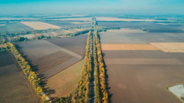 Ukrayna'da yeni yolun havadan görünümü. Sonbahar. Yol işaretleme.