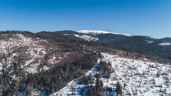 Vista Aérea Das Montanhas Bukovel Cárpatos Neve Inverno Floresta Árvores — Fotografia de Stock